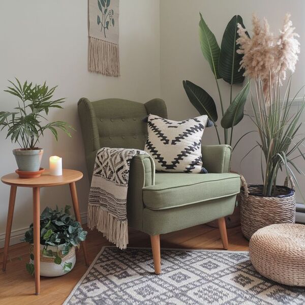 A calm home corner with plants and soft light